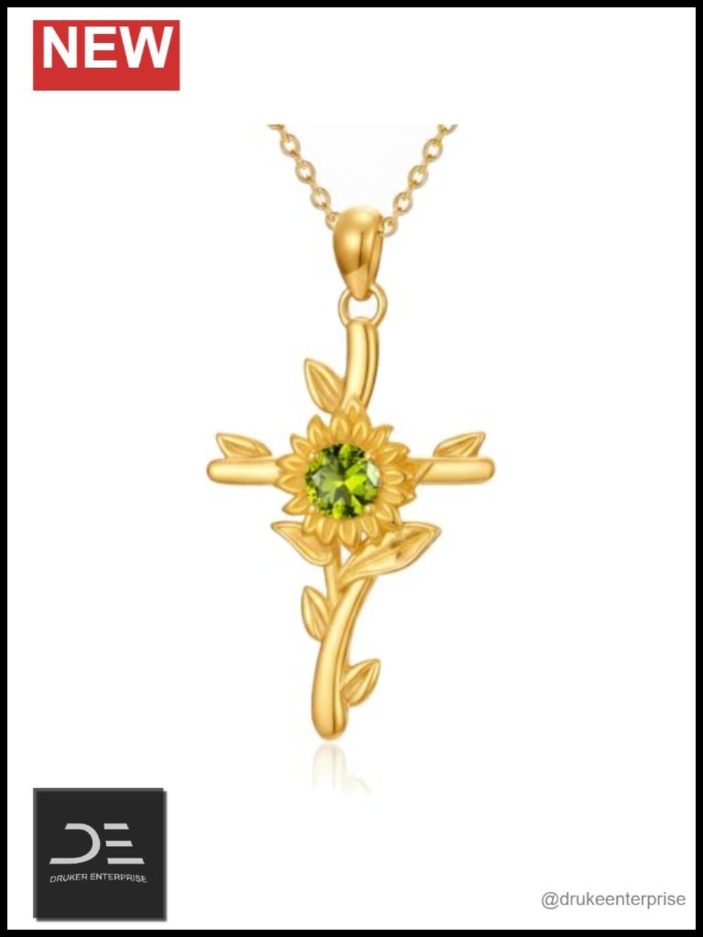 18K Gold Plated Sunflower Cross Pendant Necklace with August Birthstone